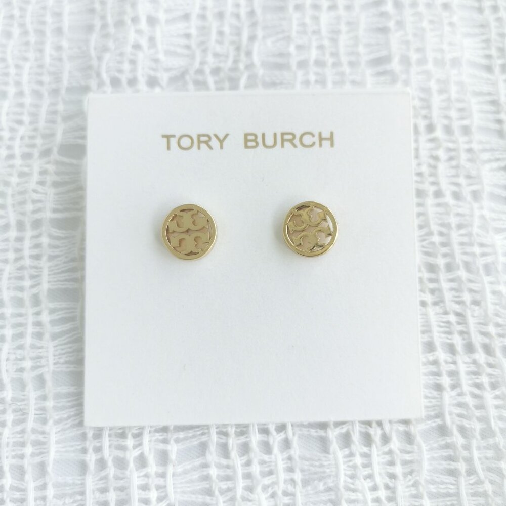 Authentic Tory Burch Miller Gold Logo Circle Stud Earrings